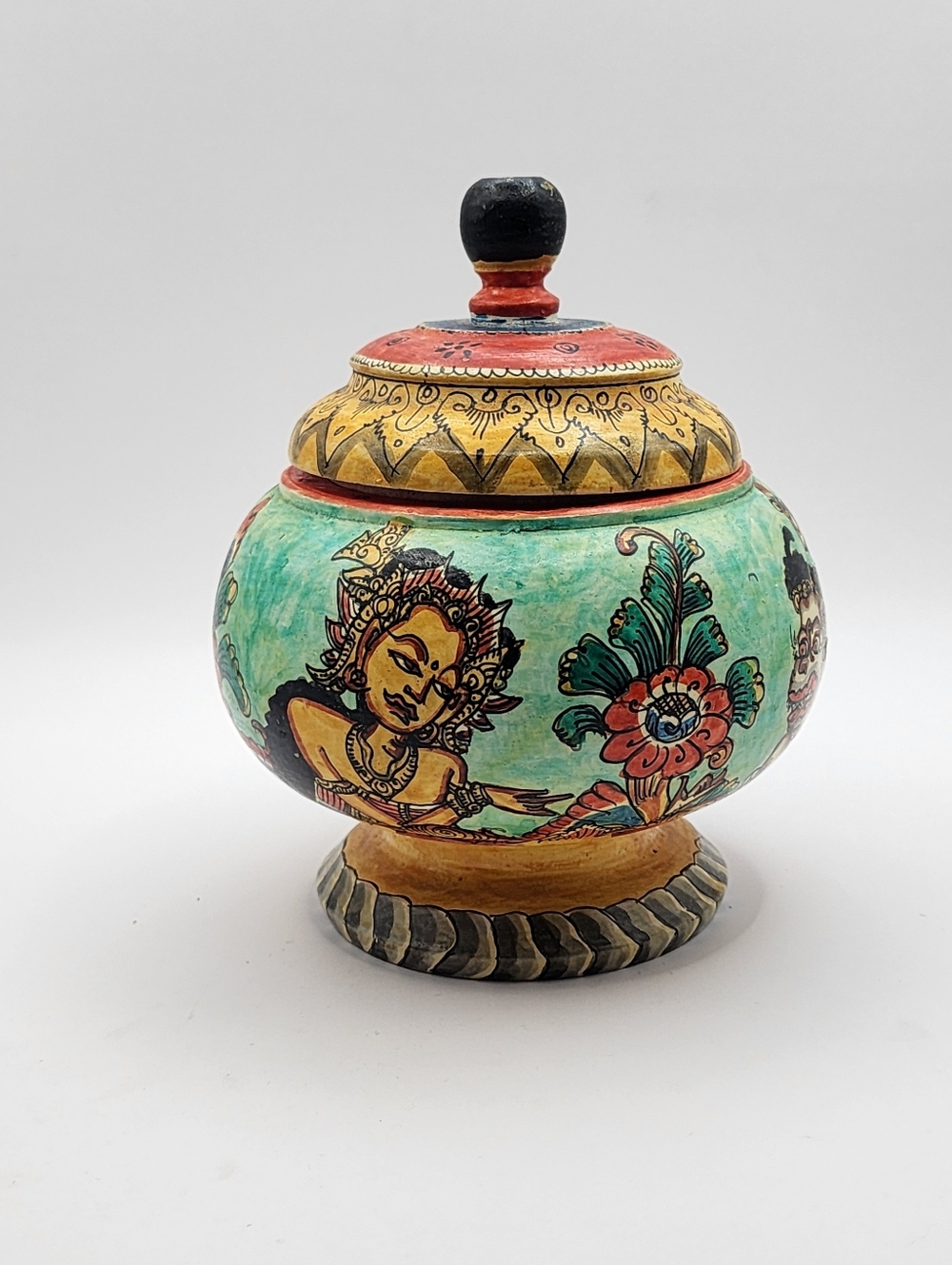 Traditional Indian Folk Art Hand Carved Hand Painted Wooden Jar w/ Lid